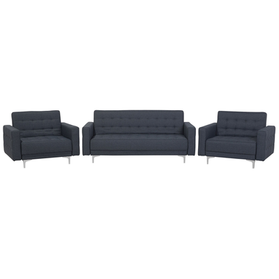 Sofa Set Grau Polsterbezug mit zwei bequemen Sesseln gestepptes Muster silberne Beine Wohnzimmer Modernes Design