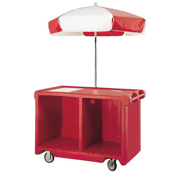 Cambro CVC55158 Camcruiser Hot Red Customizable Vending Cart with Umbrella, 1 Counter Well, and 2 Storage Compartments