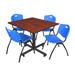 "Kobe 48"" Square Breakroom Table in Cherry & 4 'M' Stack Chairs in Blue - Regency TKB4848CH47BE"