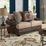 Millwood Pines Mcfarlane 72.5" Rolled Arm Loveseat Faux Leather/Chenille in Brown | 40 H x 72.5 W x 40 D in | Wayfair