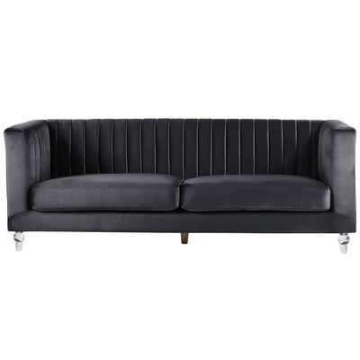3-Sitzer Sofa Schwarz Samtstoff mit Steppung Hohen Armlehnen Transparenen Acryl-Füßen Dicken Sitzkissen Modern Glam Wohn