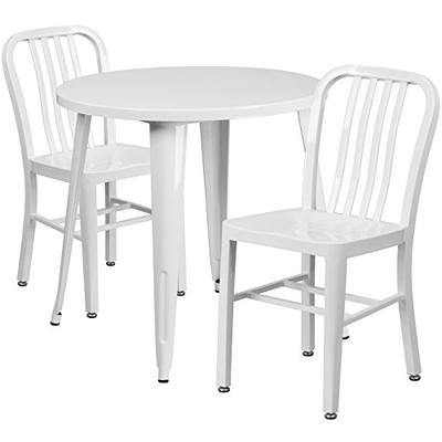 Flash Furniture 30'' Round White Metal Indoor-Outdoor Table Set with 2 Vertical Slat Back Chairs