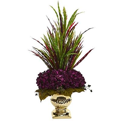 Nearly Natural 1579-PP Grass & Hydrangea Arrangement in Gold Urn Artificial Plant Purple