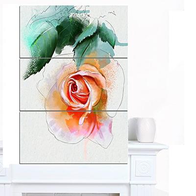 Design Art Beautiful Red Rose with Leaves Floral Wall Artwork on Canvas 28x36-3 Panels