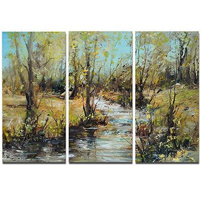 Designart Creek and Woods Oil Landscape Painting Canvas Art Print-36x28in-Multipanel 3 Piece, 36x28-