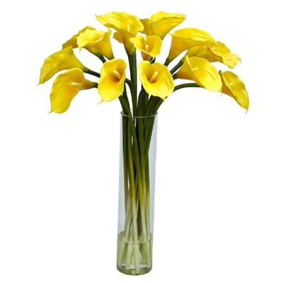 Nearly Natural 1251-YL Calla Lilly with Cylinder Silk Flower Arrangement, Yellow