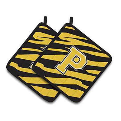 Caroline's Treasures CJ1026-PPTHD Monogram Initial P Tiger Stripe - Black Gold Pair of Pot Holders,