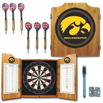 NCAA University of Iowa Wood Dart Cabinet Set
