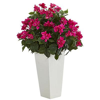Nearly Natural Artificial Bougainvillea Plant in White Tower Planter Pink
