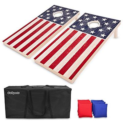 GoSports Regulation Size Solid Wood Cornhole Set - American Flag Design - Includes Two 4' x 2' Board