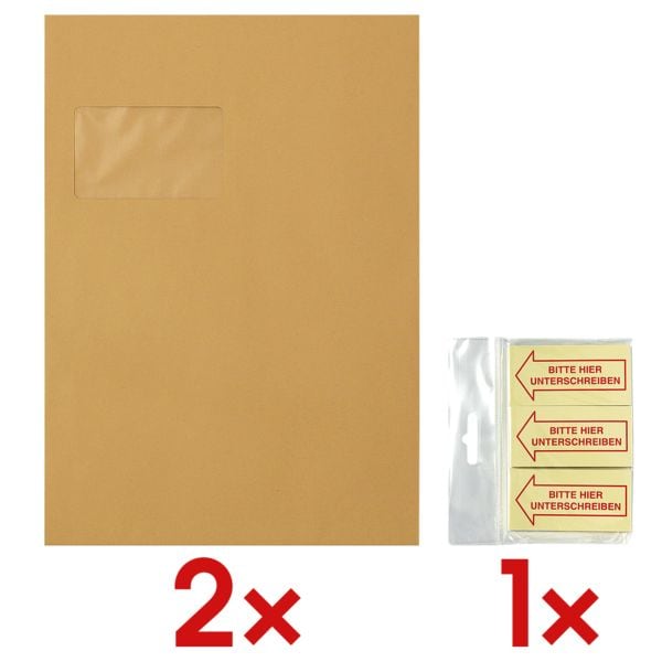 Steinmetz 2x 250 Natron-Versandtaschen C4 mit Fenster inkl. Haftmarker »Bitte hier Untersc, 32.4x22.9 cm