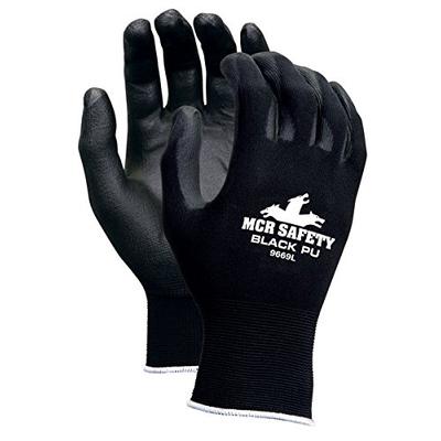 MCR Safety 9669M Nylon Knitted Shell MCR Safetys with Black PU Dipped Palm and Fingers, Black, Mediu