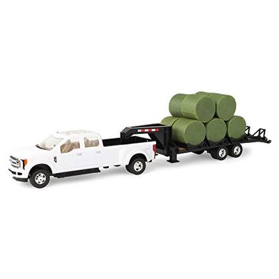 John Deere Ford Pickup with Gooseneck Trailer with Bales & Bale Holder, White, Green 46631