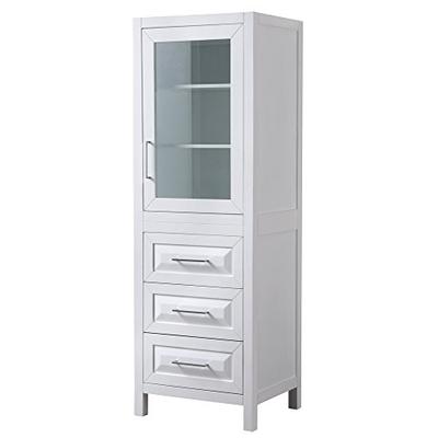 Wyndham Collection Daria Linen Tower in White with Shelved Cabinet Storage and 3 Drawers