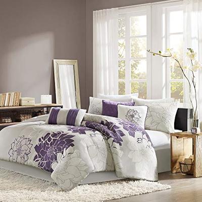 Madison Park Lola Cal King Size Bed Comforter Set Bed in A Bag - Purple, Grey, Floral, Flowers - 7 P