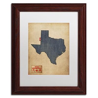 Texas Map Denim Jeans Style Art by Michael Tompsett in Wood Frame, 11 by 14-Inch, White Matte