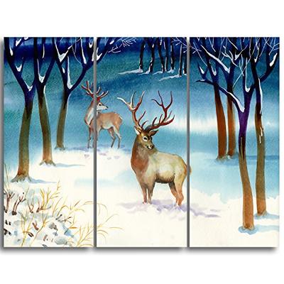 Designart Amazing Winter Forest with Deer-Landscape Wall Canvas Art Print-36x28in-Multipanel 3 Piece
