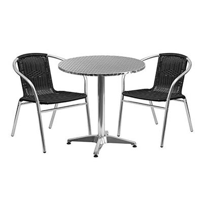 Flash Furniture TLH-ALUM-28RD-020BKCHR2-GG Round Aluminum Indoor-Outdoor Table with 2 Black Rattan C