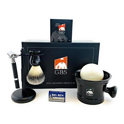 GBS 5 Pcs Shaving Kit - Rubber Coated Butterfly Long Handle Razor, Badger Brush, Black Matte Brush a