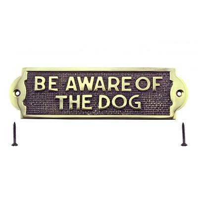 Renovator's Supply Polished Solid Brass Plaques Dog Sign BE AWARE OF THE DOG Tarnish-Resistant Lacqu
