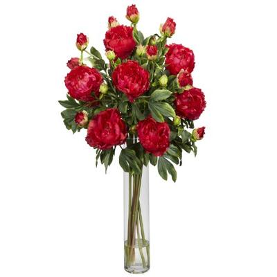 Nearly Natural 1230-RD Peony with Cylinder Silk Flower Arrangement, Red