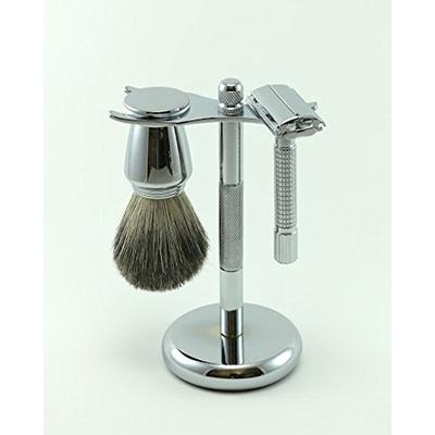 GBS Grooming Set - 3 Piece Wet Shave Kit - Open Butterfly DE Safety Razor Chrome Textured Handle + P