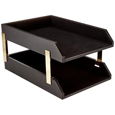 Dacasso Classic Black Leather Double Legal Tray with Gold Posts (A1021)