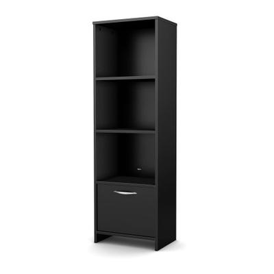 South Shore 3107652 Narrow 3-Shelf Storage Bookcase with Door, Black, Pure