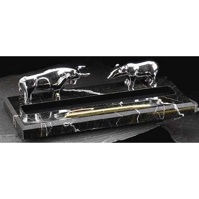 Bey-Berk R22X Black Zebra Marble Desk Top Pen Holder with Silver Plated Bull & Bear,