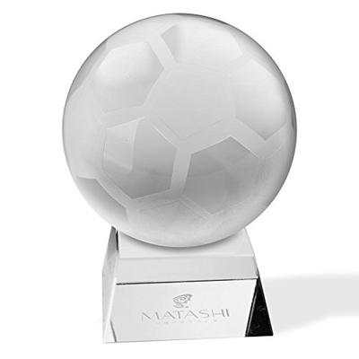 Matashi Crystal Soccer Ball Etched Paperweight With Trapezoid Base Stand Decorative Ball Ornament De
